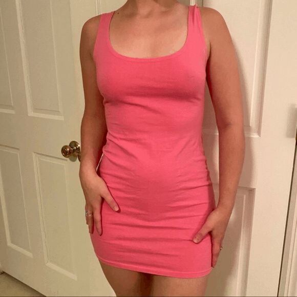 PINK Victorias Secret Bright Neon Pink Tank Stretch Bodycon Mini Dress Large - Picture 6 of 6